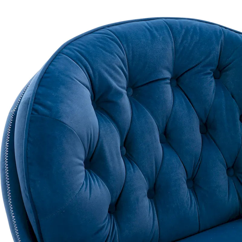 Fauteuil pivotant bleu moderne 31,73, capitonné, à boutons, avec repose-pieds et pieds en métal noir