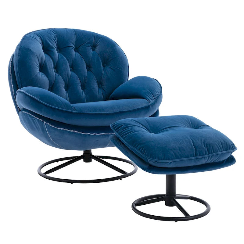 Fauteuil pivotant bleu moderne 31,73, capitonné, à boutons, avec repose-pieds et pieds en métal noir