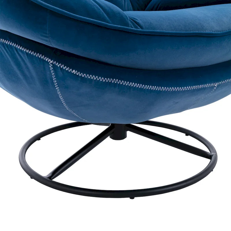 Fauteuil pivotant bleu moderne 31,73, capitonné, à boutons, avec repose-pieds et pieds en métal noir