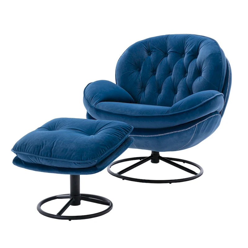 Fauteuil pivotant bleu moderne 31,73, capitonné, à boutons, avec repose-pieds et pieds en métal noir