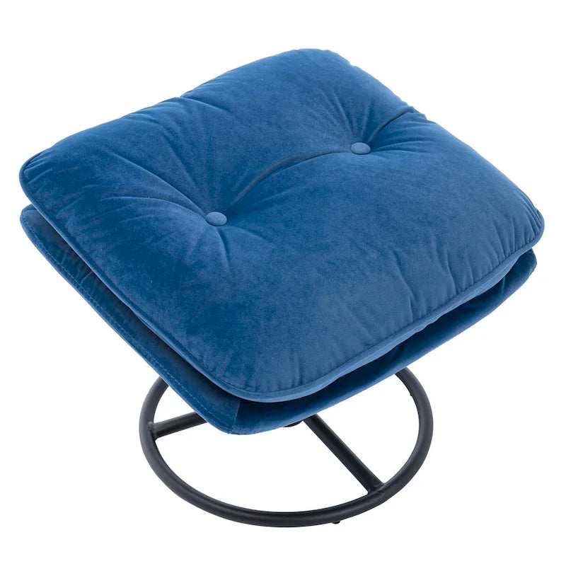 Fauteuil pivotant bleu moderne 31,73, capitonné, à boutons, avec repose-pieds et pieds en métal noir