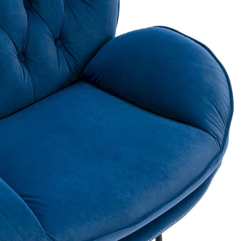 Fauteuil pivotant bleu moderne 31,73, capitonné, à boutons, avec repose-pieds et pieds en métal noir