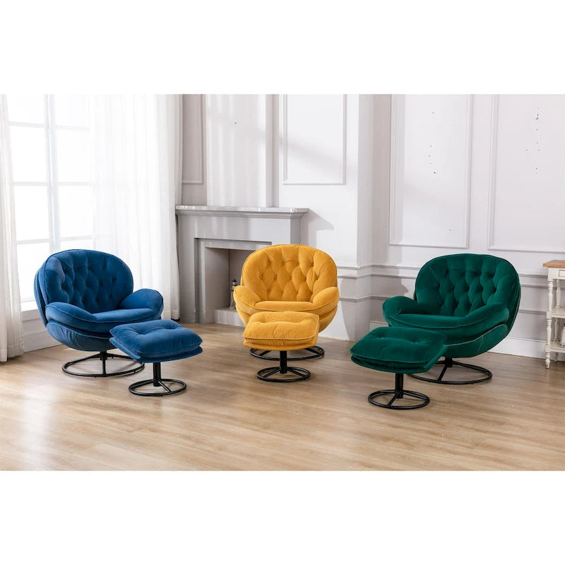 Fauteuil pivotant bleu moderne 31,73, capitonné, à boutons, avec repose-pieds et pieds en métal noir