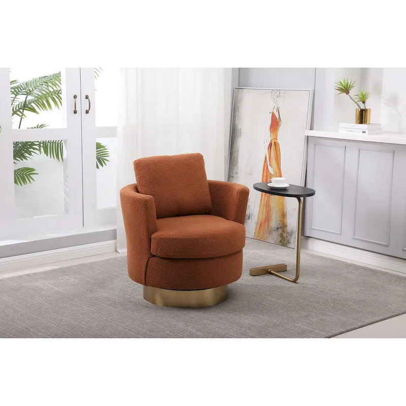 Fauteuil pivotant moderne marron de 75 cm avec piètement en acier inoxydable doré