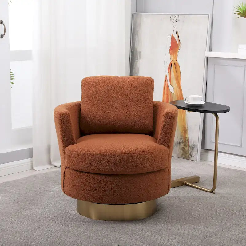 Fauteuil pivotant moderne marron de 75 cm avec piètement en acier inoxydable doré