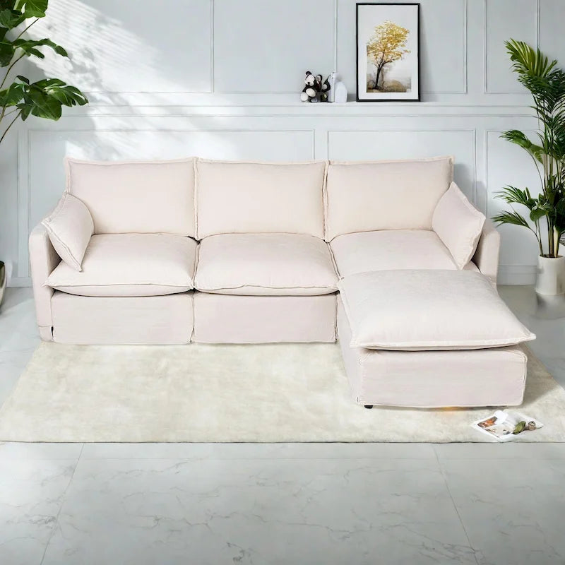 Canapé d'angle modulaire en faux lin 93.31 avec pouf amovible, structure en bois massif et coussins en mousse haute résilience