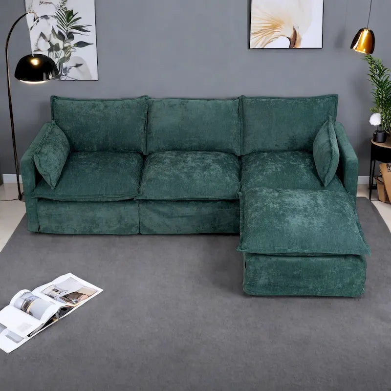 Canapé d'angle modulaire en faux lin 93.31 avec pouf amovible, structure en bois massif et coussins en mousse haute résilience