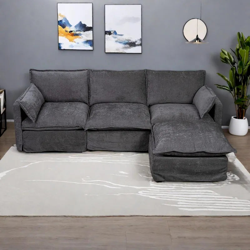 Canapé d'angle modulaire en faux lin 93.31 avec pouf amovible, structure en bois massif et coussins en mousse haute résilience