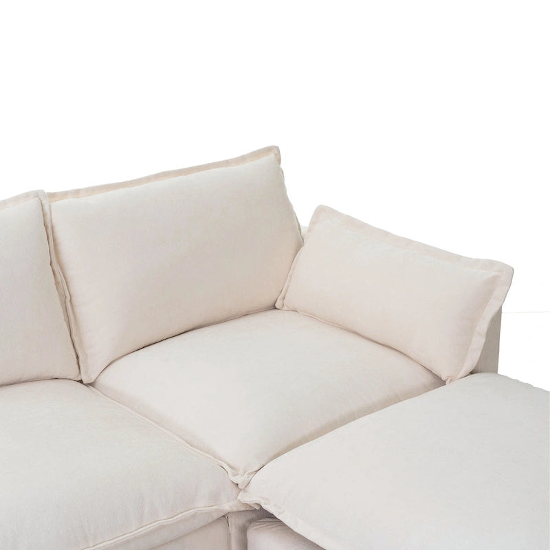 Canapé d'angle modulaire en faux lin 93.31 avec pouf amovible, structure en bois massif et coussins en mousse haute résilience