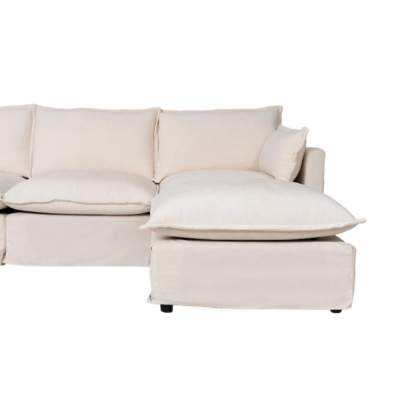 Canapé d'angle modulaire en faux lin 93.31 avec pouf amovible, structure en bois massif et coussins en mousse haute résilience