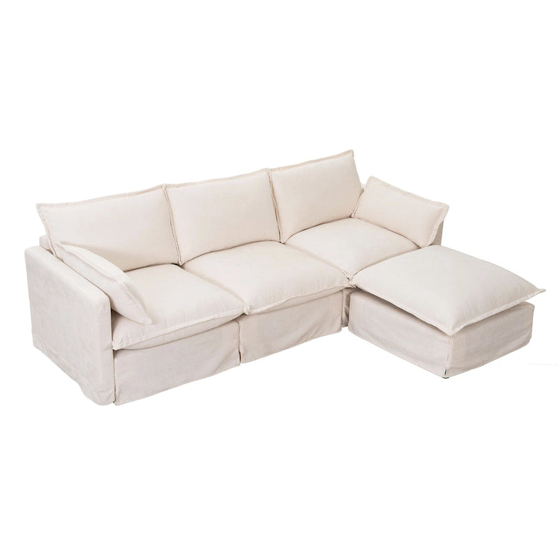 Canapé d'angle modulaire en faux lin 93.31 avec pouf amovible, structure en bois massif et coussins en mousse haute résilience