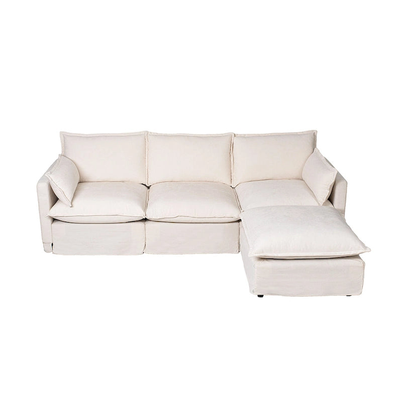 Canapé d'angle modulaire en faux lin 93.31 avec pouf amovible, structure en bois massif et coussins en mousse haute résilience