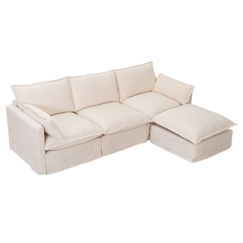 Canapé d'angle modulaire en faux lin 93.31 avec pouf amovible, structure en bois massif et coussins en mousse haute résilience