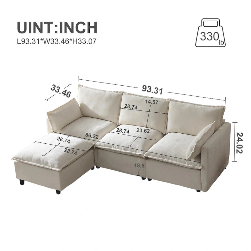 Canapé d'angle modulaire en faux lin 93.31 avec pouf amovible, structure en bois massif et coussins en mousse haute résilience