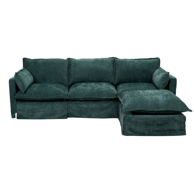 Canapé d'angle modulaire en faux lin 93.31 avec pouf amovible, structure en bois massif et coussins en mousse haute résilience