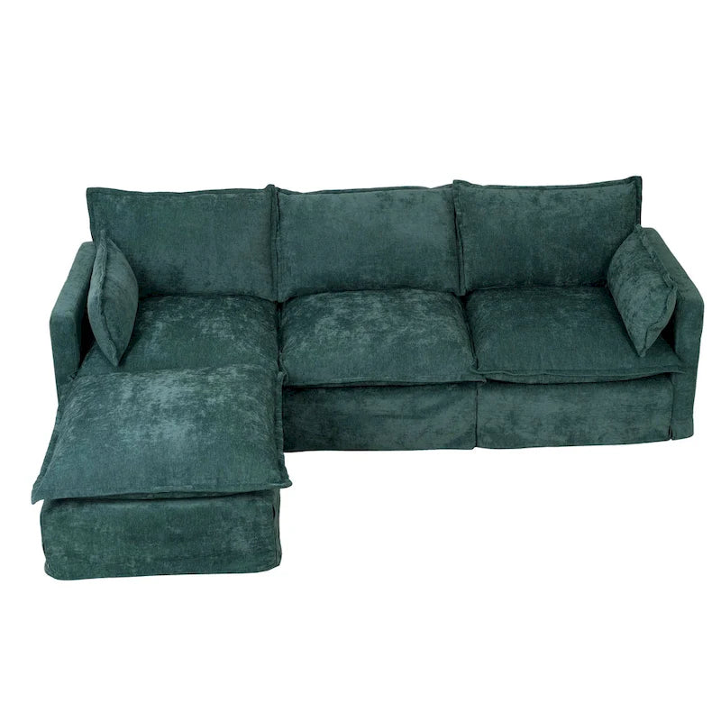 Canapé d'angle modulaire en faux lin 93.31 avec pouf amovible, structure en bois massif et coussins en mousse haute résilience