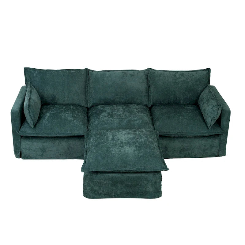 Canapé d'angle modulaire en faux lin 93.31 avec pouf amovible, structure en bois massif et coussins en mousse haute résilience