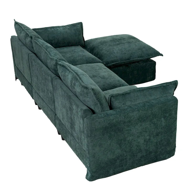 Canapé d'angle modulaire en faux lin 93.31 avec pouf amovible, structure en bois massif et coussins en mousse haute résilience