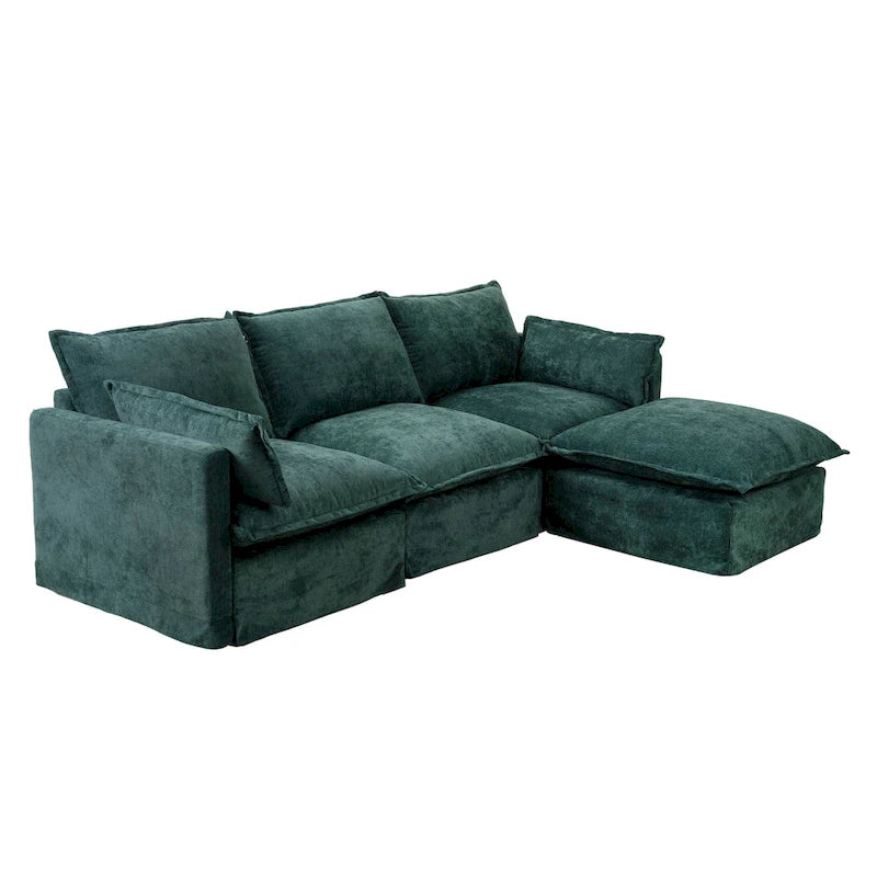 Canapé d'angle modulaire en faux lin 93.31 avec pouf amovible, structure en bois massif et coussins en mousse haute résilience