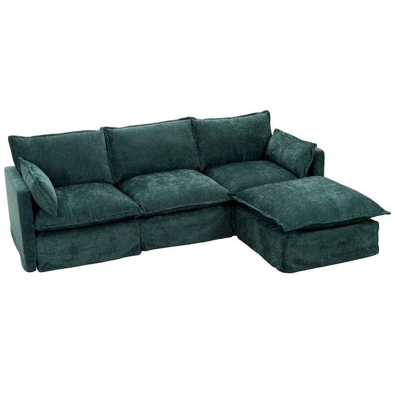 Canapé d'angle modulaire en faux lin 93.31 avec pouf amovible, structure en bois massif et coussins en mousse haute résilience
