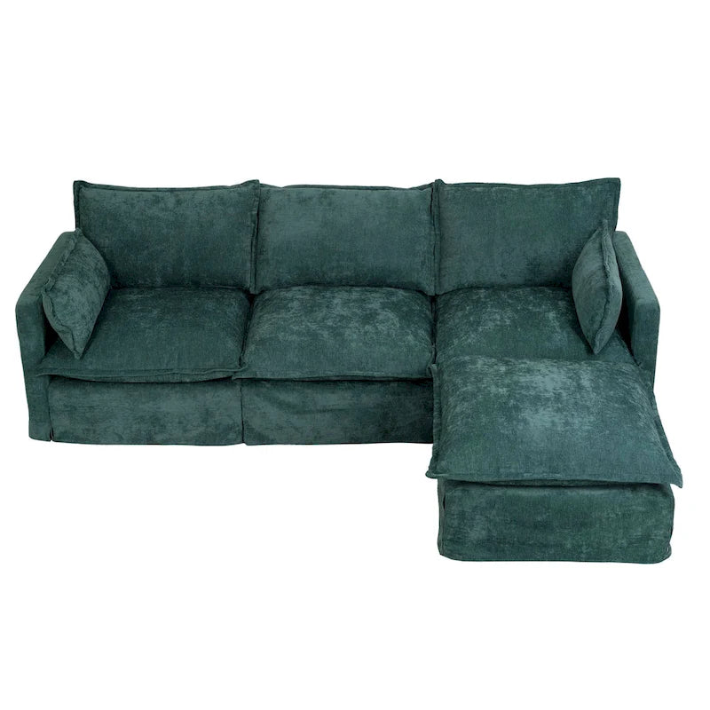 Canapé d'angle modulaire en faux lin 93.31 avec pouf amovible, structure en bois massif et coussins en mousse haute résilience