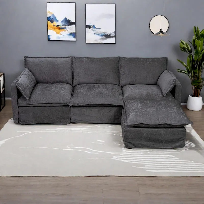 Canapé d'angle modulaire en faux lin 93.31 avec pouf amovible, structure en bois massif et coussins en mousse haute résilience