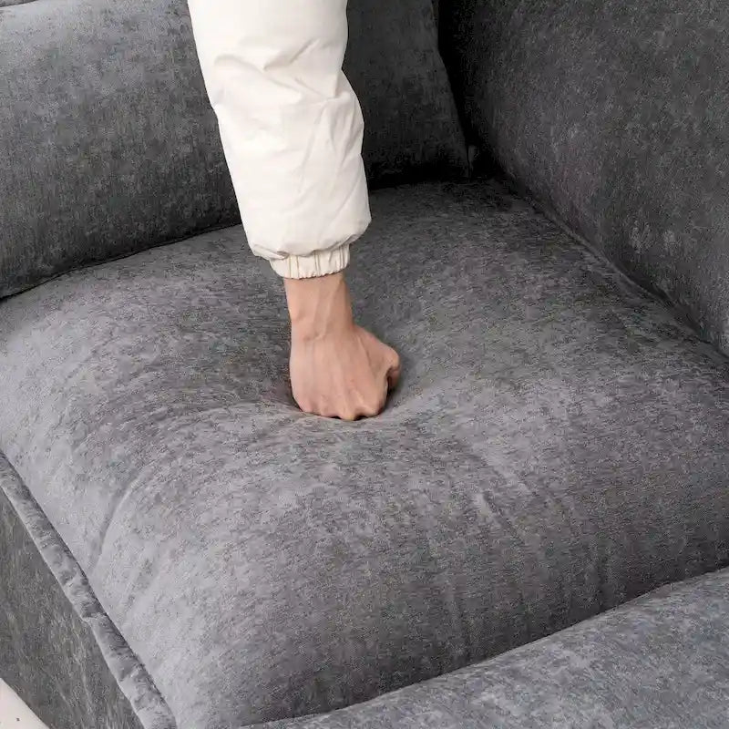 Canapé d'angle modulaire en faux lin 93.31 avec pouf amovible, structure en bois massif et coussins en mousse haute résilience
