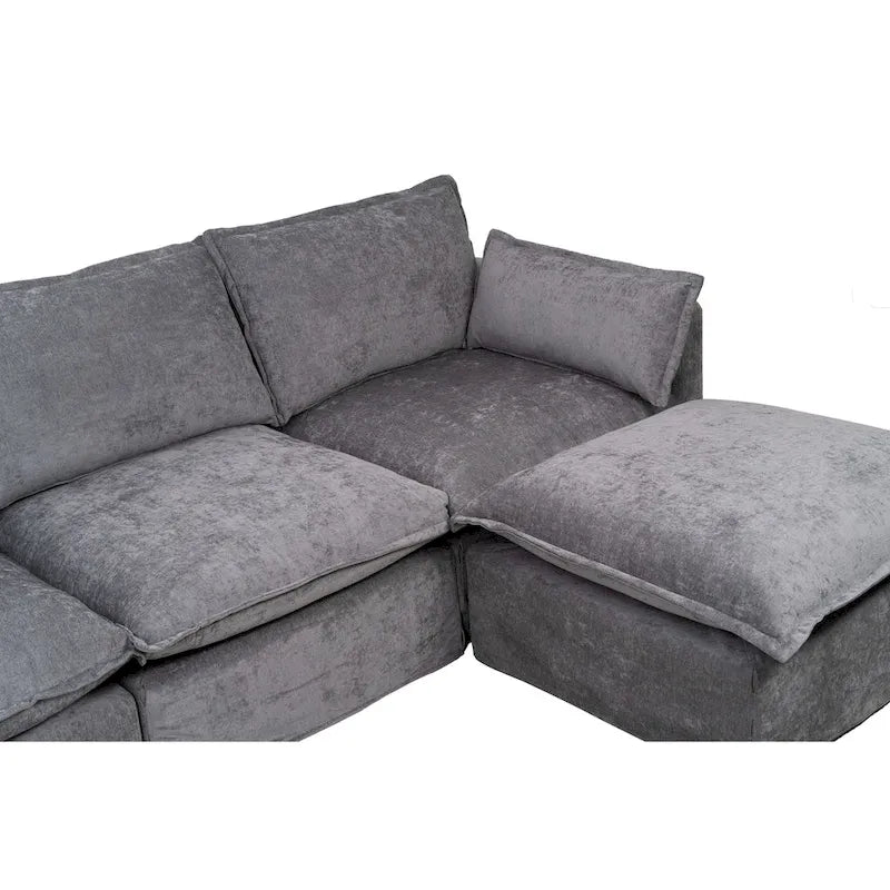 Canapé d'angle modulaire en faux lin 93.31 avec pouf amovible, structure en bois massif et coussins en mousse haute résilience