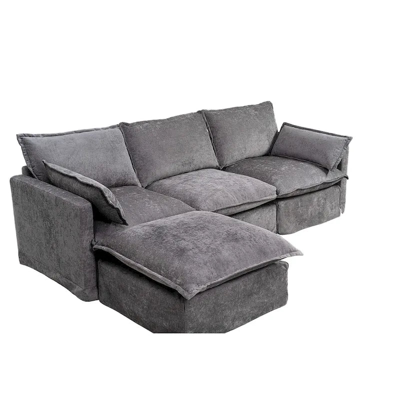 Canapé d'angle modulaire en faux lin 93.31 avec pouf amovible, structure en bois massif et coussins en mousse haute résilience