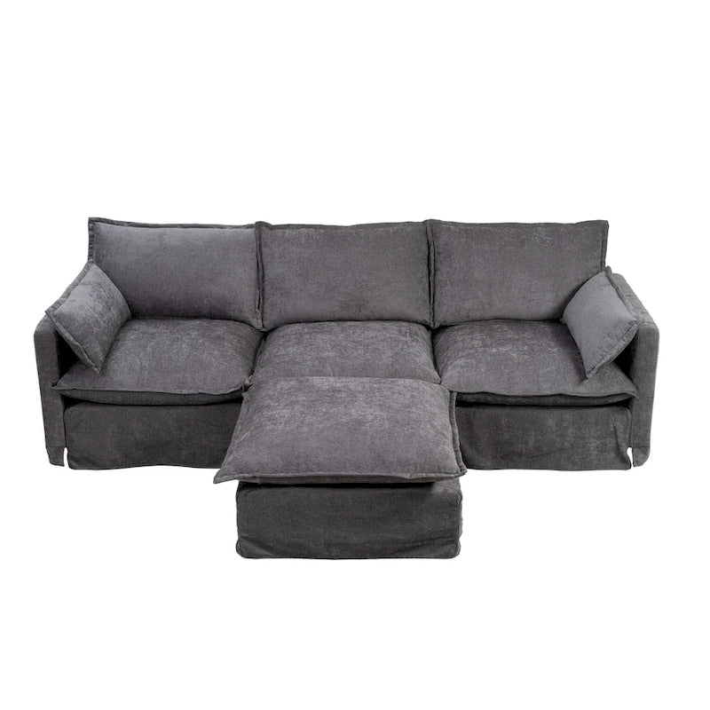 Canapé d'angle modulaire en faux lin 93.31 avec pouf amovible, structure en bois massif et coussins en mousse haute résilience