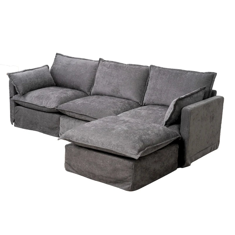 Canapé d'angle modulaire en faux lin 93.31 avec pouf amovible, structure en bois massif et coussins en mousse haute résilience