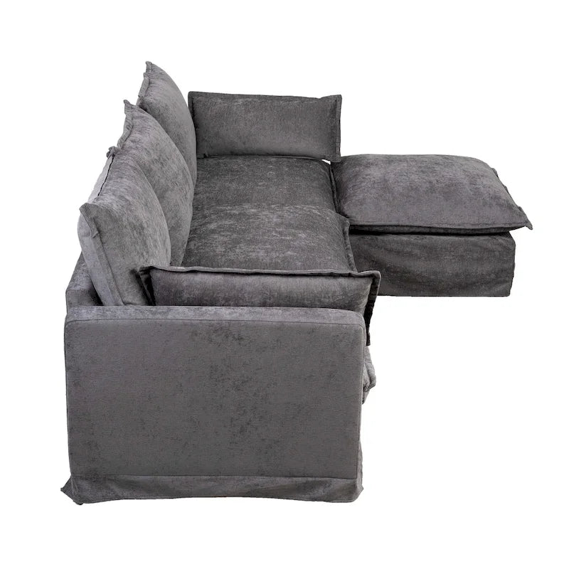 Canapé d'angle modulaire en faux lin 93.31 avec pouf amovible, structure en bois massif et coussins en mousse haute résilience