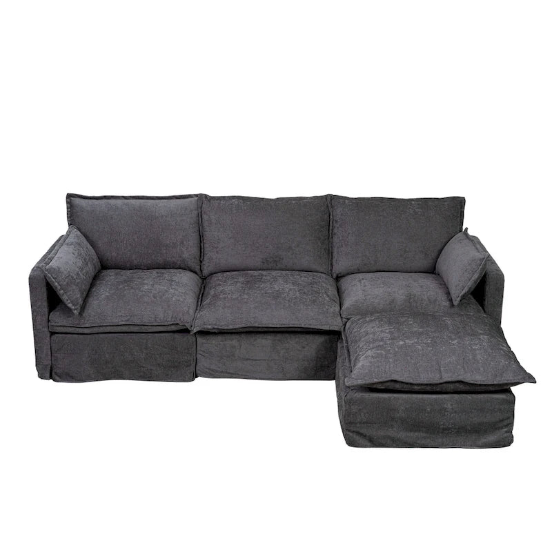 Canapé d'angle modulaire en faux lin 93.31 avec pouf amovible, structure en bois massif et coussins en mousse haute résilience