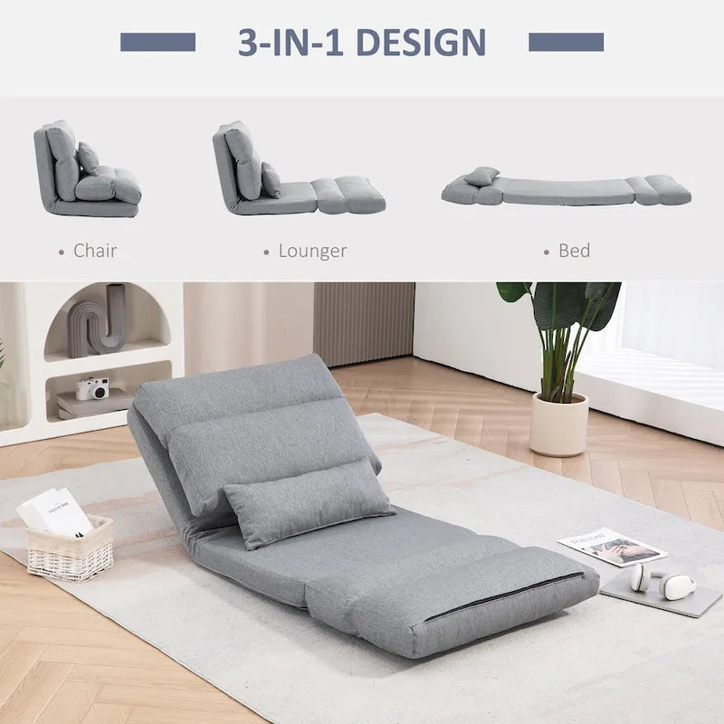 Chaise longue pliante grise de 27,6 pouces avec coussin