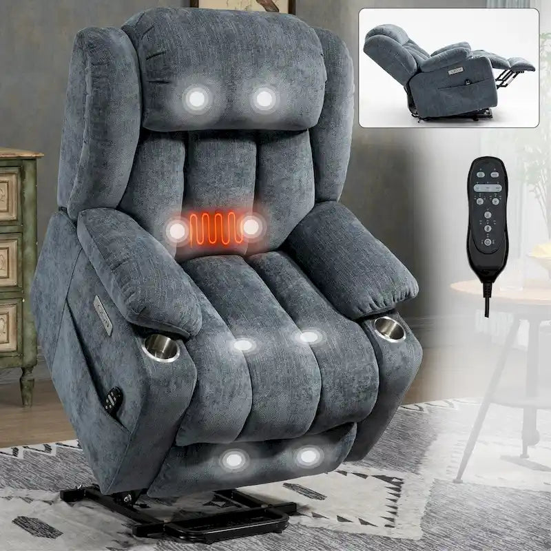 Fauteuil releveur électrique en chenille bleue avec massage par vibrations à 8 points, chauffage lombaire, ports USB et Type-C, porte-gobelets