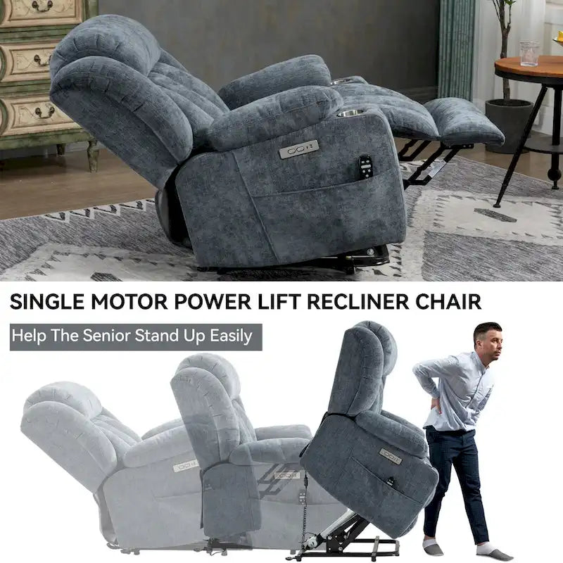 Fauteuil releveur électrique en chenille bleue avec massage par vibrations à 8 points, chauffage lombaire, ports USB et Type-C, porte-gobelets
