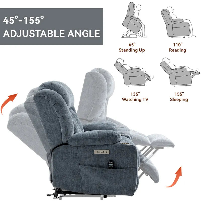 Fauteuil releveur électrique en chenille bleue avec massage par vibrations à 8 points, chauffage lombaire, ports USB et Type-C, porte-gobelets