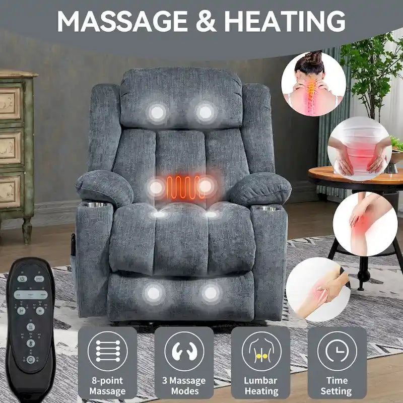 Fauteuil releveur électrique en chenille bleue avec massage par vibrations à 8 points, chauffage lombaire, ports USB et Type-C, porte-gobelets