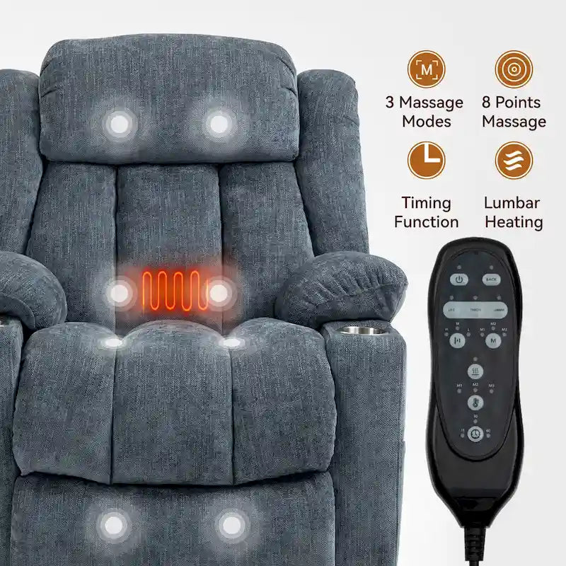 Fauteuil releveur électrique en chenille bleue avec massage par vibrations à 8 points, chauffage lombaire, ports USB et Type-C, porte-gobelets