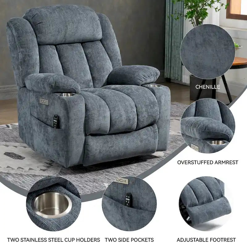 Fauteuil releveur électrique en chenille bleue avec massage par vibrations à 8 points, chauffage lombaire, ports USB et Type-C, porte-gobelets