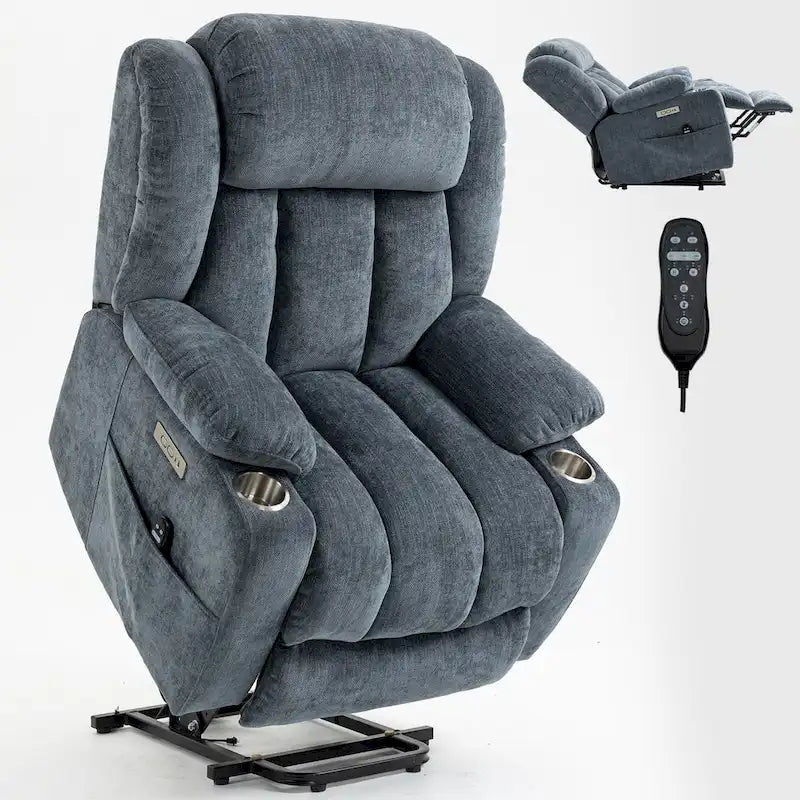 Fauteuil releveur électrique en chenille bleue avec massage par vibrations à 8 points, chauffage lombaire, ports USB et Type-C, porte-gobelets
