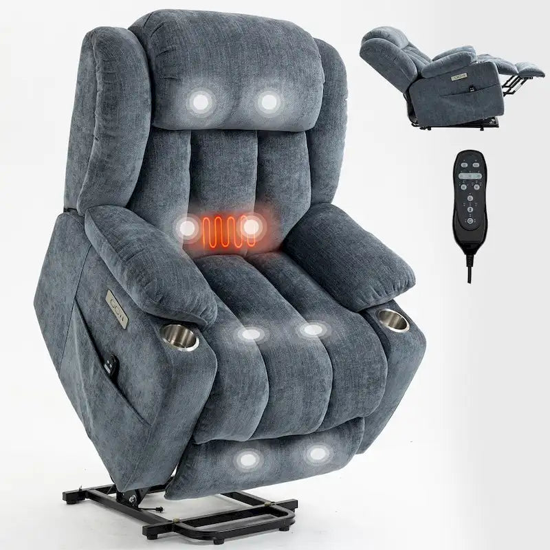 Fauteuil releveur électrique en chenille bleue avec massage par vibrations à 8 points, chauffage lombaire, ports USB et Type-C, porte-gobelets