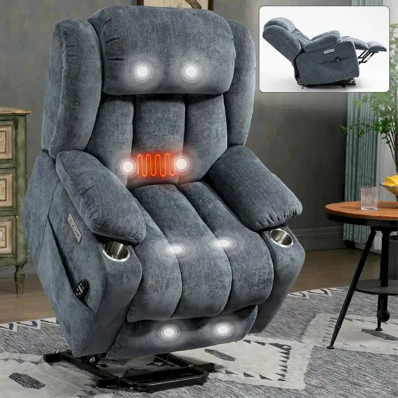 Fauteuil releveur électrique en chenille bleue avec massage par vibrations à 8 points, chauffage lombaire, ports USB et Type-C, porte-gobelets