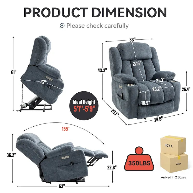 Fauteuil releveur électrique en chenille bleue avec massage par vibrations à 8 points, chauffage lombaire, ports USB et Type-C, porte-gobelets