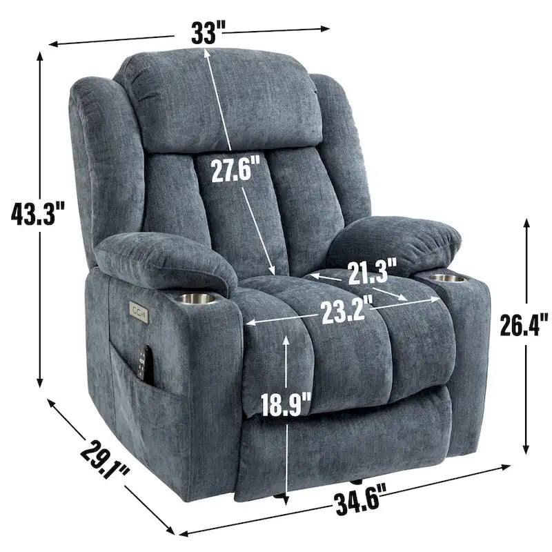 Fauteuil releveur électrique en chenille bleue avec massage par vibrations à 8 points, chauffage lombaire, ports USB et Type-C, porte-gobelets