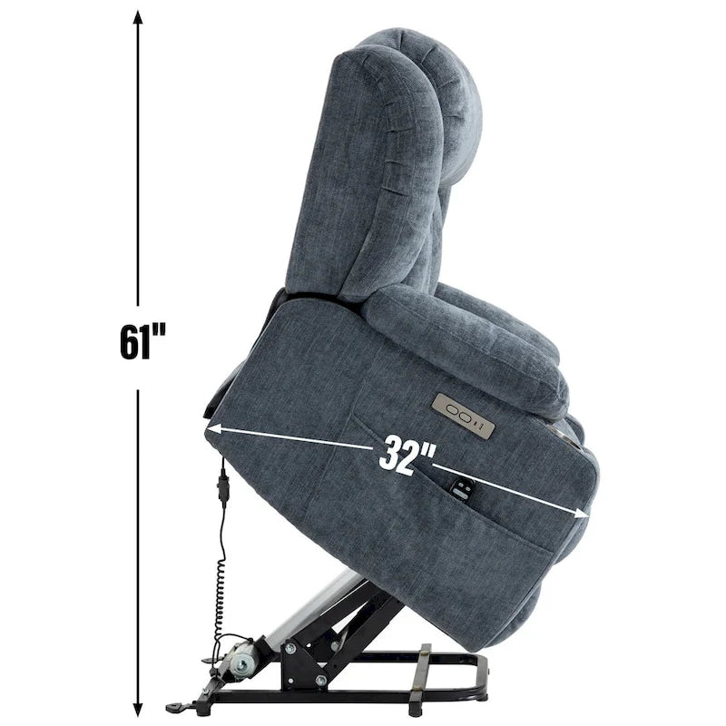 Fauteuil releveur électrique en chenille bleue avec massage par vibrations à 8 points, chauffage lombaire, ports USB et Type-C, porte-gobelets