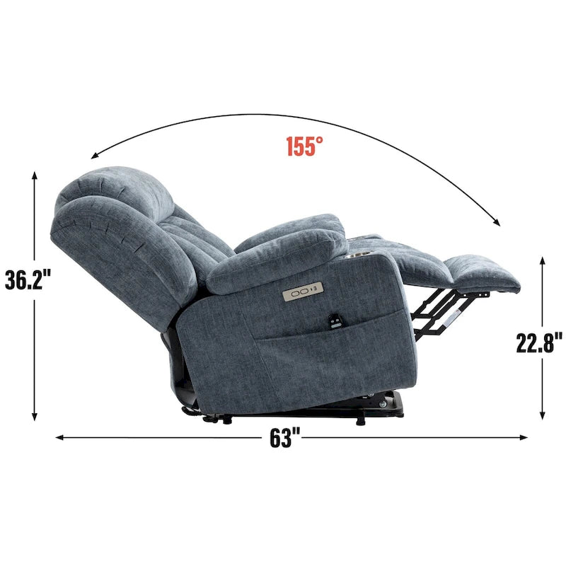 Fauteuil releveur électrique en chenille bleue avec massage par vibrations à 8 points, chauffage lombaire, ports USB et Type-C, porte-gobelets
