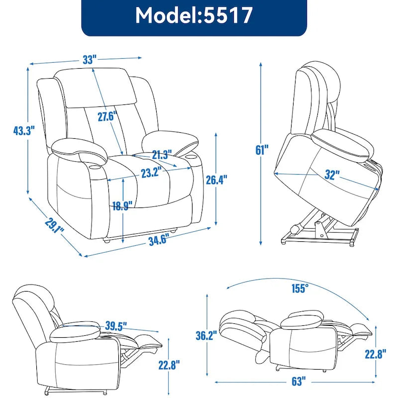 Fauteuil releveur électrique en chenille bleue avec massage par vibrations à 8 points, chauffage lombaire, ports USB et Type-C, porte-gobelets