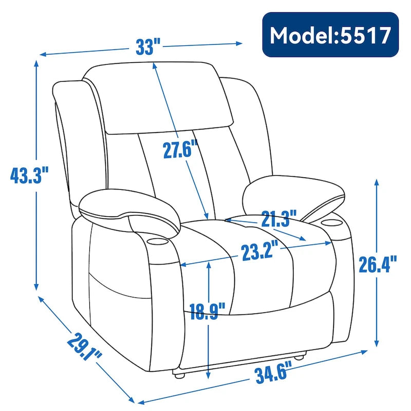 Fauteuil releveur électrique en chenille bleue avec massage par vibrations à 8 points, chauffage lombaire, ports USB et Type-C, porte-gobelets