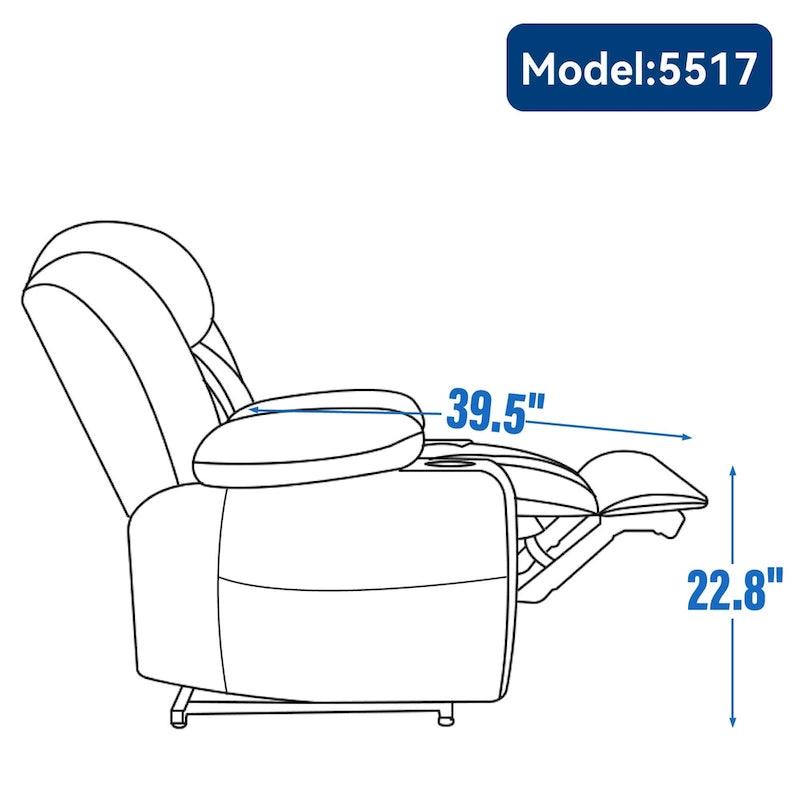 Fauteuil releveur électrique en chenille bleue avec massage par vibrations à 8 points, chauffage lombaire, ports USB et Type-C, porte-gobelets